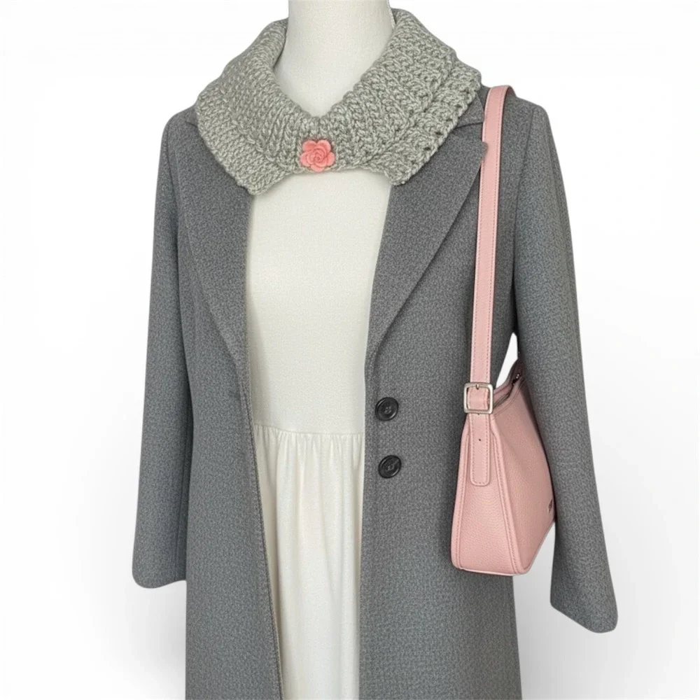 Handmade Knit Neck‎ Warmer Cowl Collar Gray Sparkle Pink Rose Accent Cottagecore
